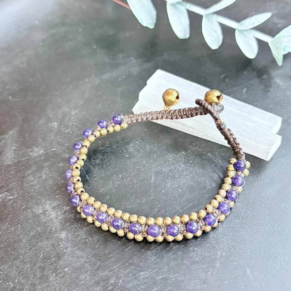 Boho Purple Beaded Bracelet | Brass Bell Beads + Macrame | Toggle | Witchy Charm